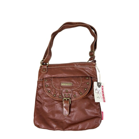 Unionbay Crossbody Bag Cognac Brown Faux Leather Studded Buckle Purse NWT - Picture 1 of 13